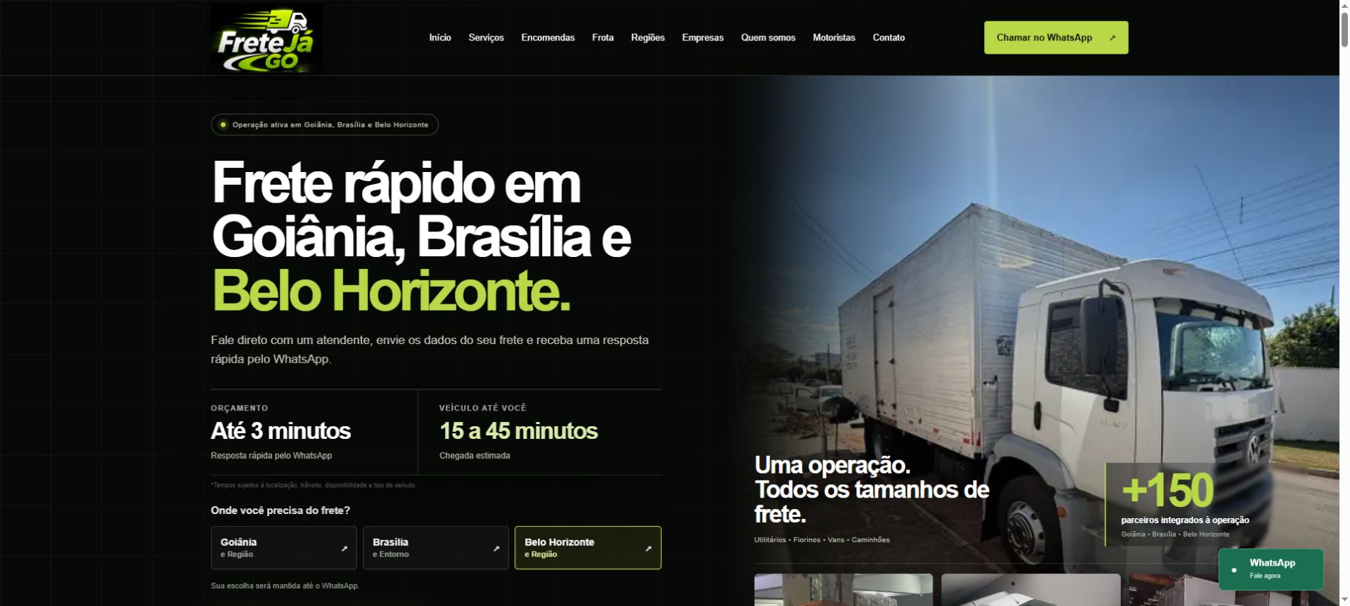 Captura real do site publicado da FreteJá GO