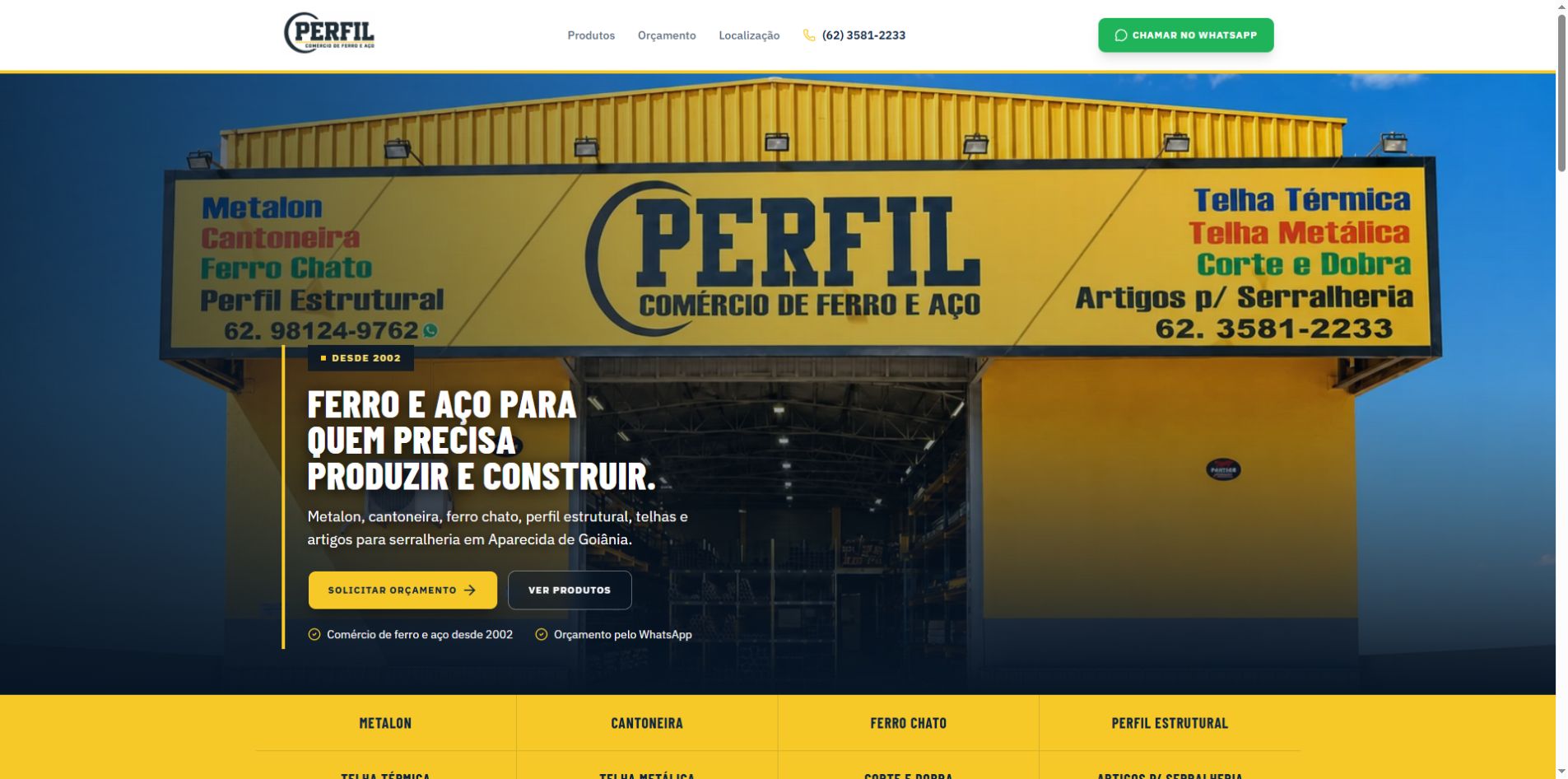 Captura real do site publicado da Perfil Ferro e Aço